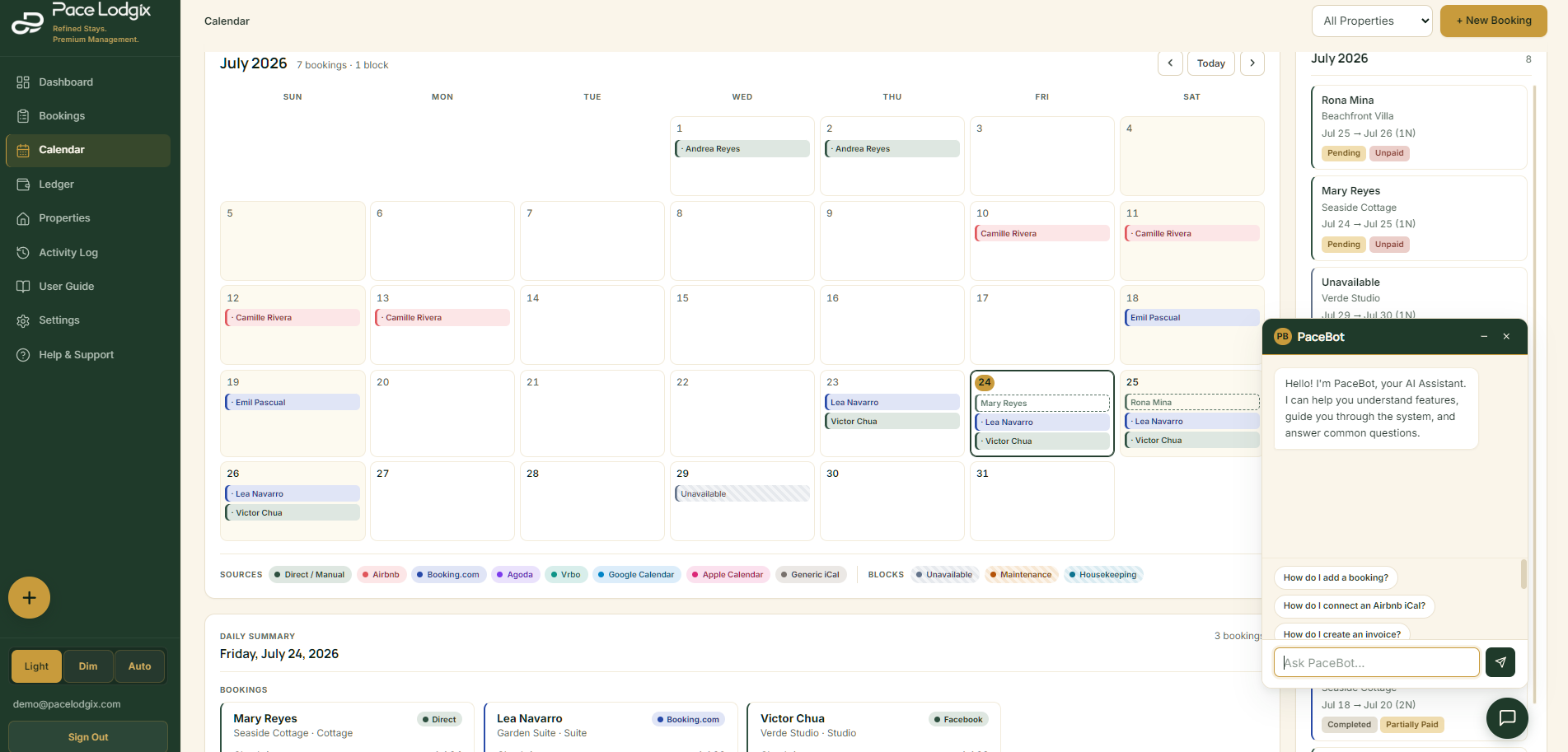 Pace Lodgix calendar