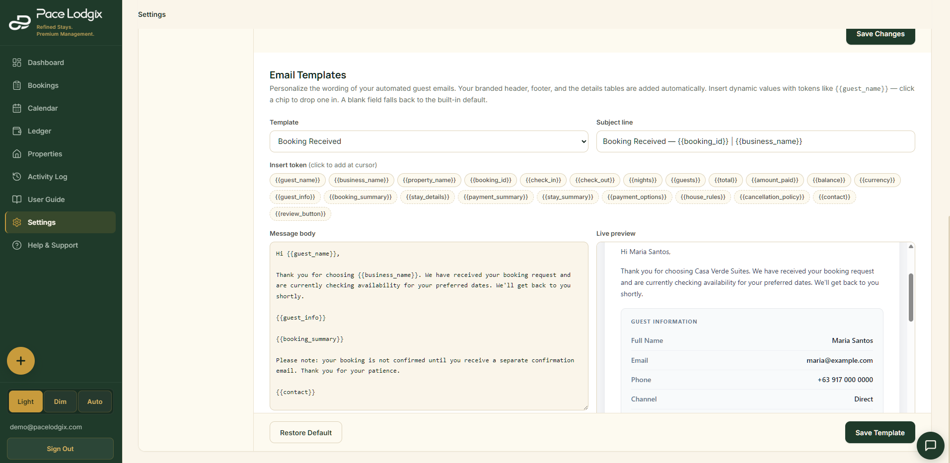 Pace Lodgix email templates